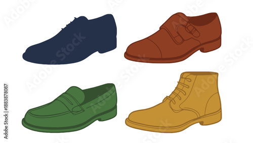 A colorful illustration of four different types of shoes on a white background