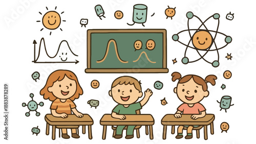 Three happy children sitting at desks in a classroom with educational illustrations