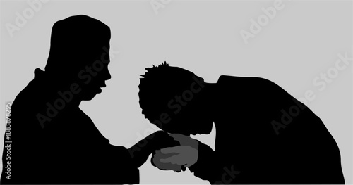 Vector illustration of a silhouette of a Muslim boy and his father shaking hands with a kiss, isolated in gray