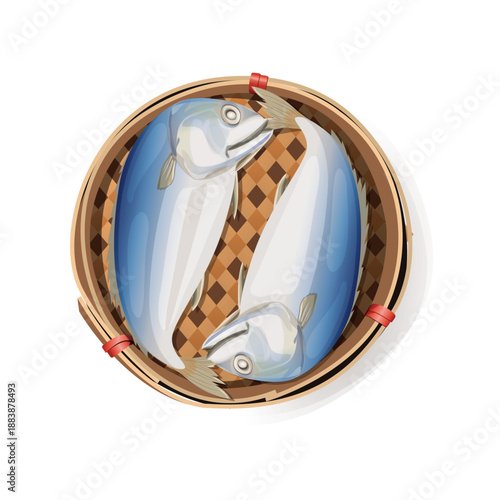 The famouse Thai traditional Steamed mackerel fish in basket bamboo or wicker basket in thailand market. 