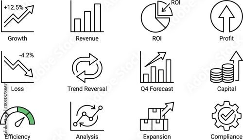 Business finance icons set with growth, revenue, ROI, profit, analytics, performance metrics, investment and strategy symbols