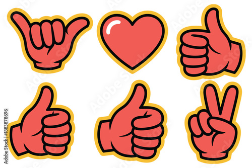Bold Red and Yellow Stylized Emojis Depicting Hand Gestures Including Hang Loose Heart Thumbs Up Peace Sign and Positive Signals, Vector Illustration.