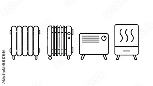 A set of four different heating radiator designs on a white background