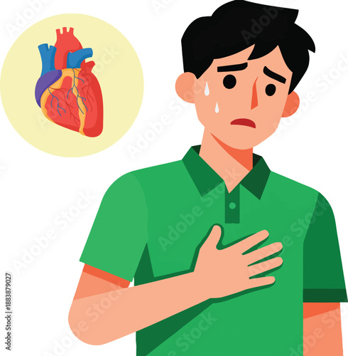 Man experiencing chest pain and sweating, with an anatomical heart in a thought bubble, symbolizing heart problems or a heart attack.