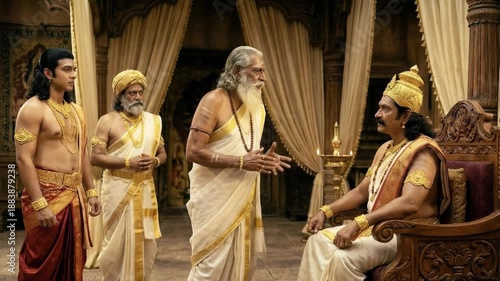 A royal court discussion takes place inside a palace, where the king consults with sages, exchanging wisdom and guidance in a solemn setting.