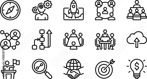 Business strategy and teamwork icons set with leadership, collaboration, planning, innovation, management and corporate success concepts