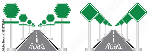 Set of road signs isolated on a white background. Horizontal asphalt road template. Winding road vector illustration. 