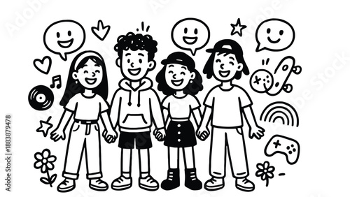 A diverse group of happy teenagers standing together with colorful icons around them