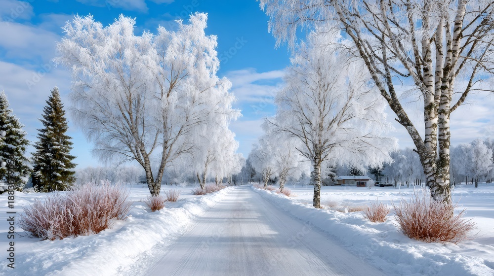 Fototapeta premium Winter rural road fringed with frosty birch trees