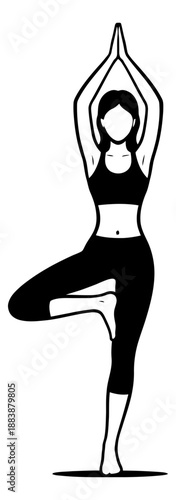 Line art illustration of a woman depicting a yoga tree pose for fitness and wellness