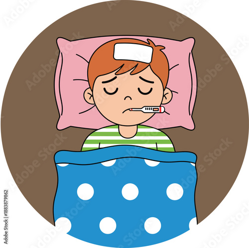 Illustration of a young boy feeling unwell in bed with a fever, showing a thermometer in his mouth and a cold compress on his forehead.