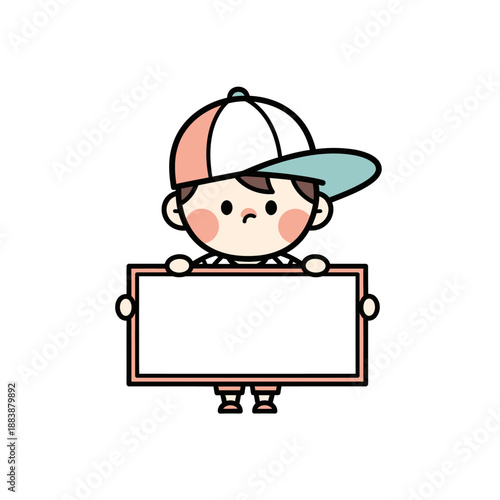 Cute Boy Character in Baseball Cap Holding Blank Sign Board