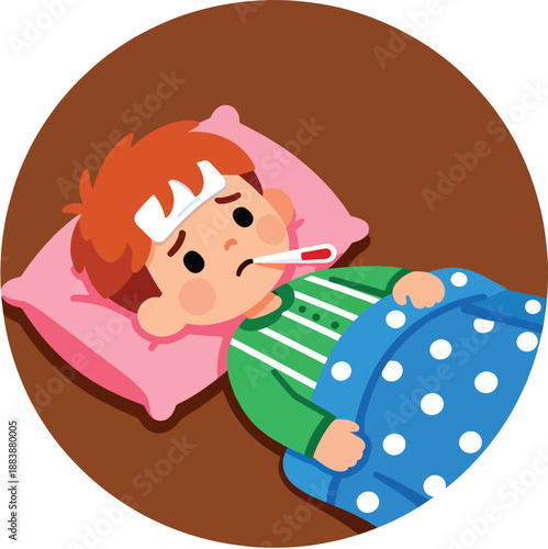 Cartoon illustration of a sick little boy lying in bed with a thermometer in his mouth and a compress on his forehead, feeling unwell.
