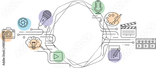 Creative content production workflow illustration with multimedia tools, digital marketing process, media creation strategy, modern collaboration concept