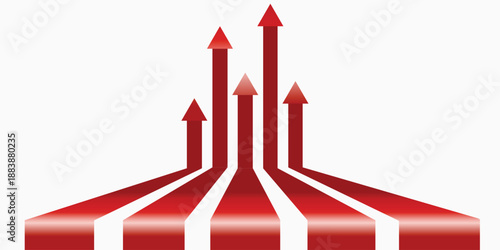 Five red arrows pointing upwards symbolizing growth, progress, and multiple paths to success on a white background.