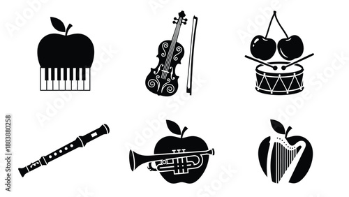 A collection of musical instruments and fruit icons in black and white