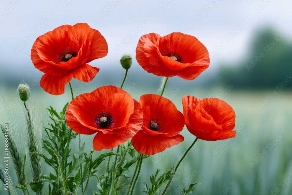 Fototapeta premium Red poppies blooming in green wheat field