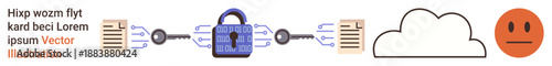 Cybersecurity, data protection, cloud storage, encryption, privacy concerns, internet threats. Central lock with connected files, cloud and face. Cybersecurity and data protection concept