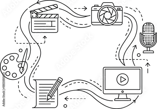 Creative multimedia production workflow illustration with video, audio, design tools, content creation process, digital media concept