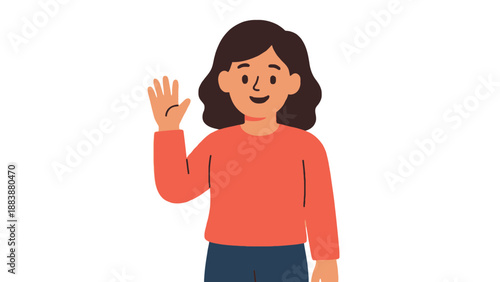A cartoon woman waving her hand in a friendly gesture.