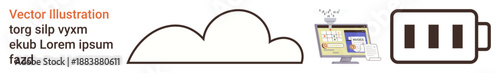 Cloud storage, digital interface, technology resources, energy efficiency, file sharing, remote access. Minimalist icons of cloud, battery and a computer. Cloud storage and digital interface