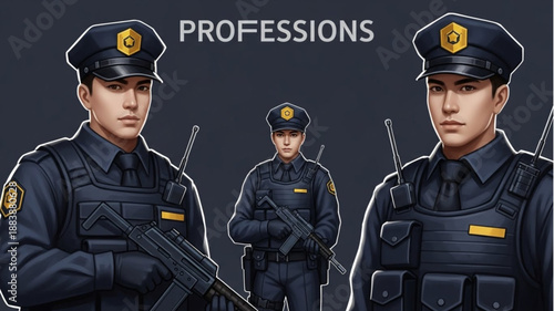 Three police officers in uniform holding weapons.