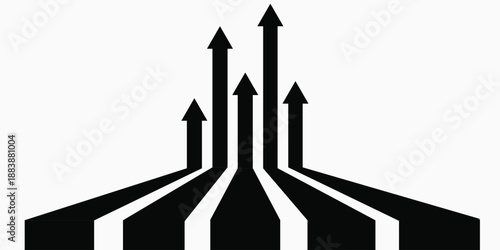 Five black arrows converging at a base and fanning out upwards, symbolizing growth, progress, and multiple paths to success.