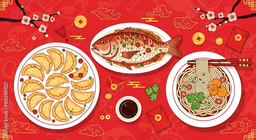 Celebratory Chinese New Year Feast with Dumplings, Fish, and Noodles on Red Background