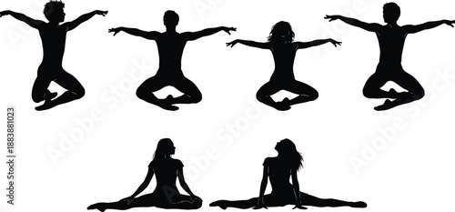 Yoga and meditation silhouettes showing dynamic poses, stretching flexibility and balanced movement, dancers and fitness figures isolated in black vector illustration on white background