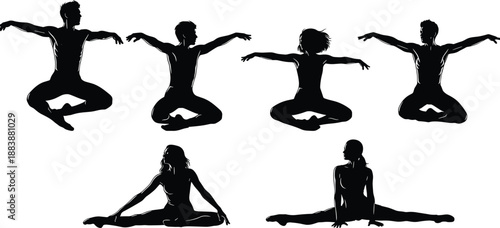 Yoga and fitness silhouettes showing male and female stretching, jumping and meditation poses, flexibility and balance exercises isolated in black vector illustration on white background