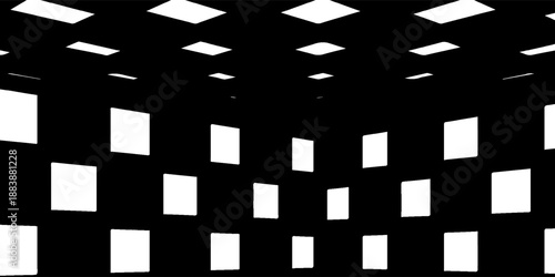 Ideal for modern decor, digital art, and stock backgrounds.A striking black backdrop features a field of white diamonds arranged in a perspective grid,
