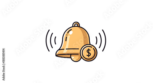 Close-up view of a stylized bell and coin icon illustrating finance vibration in a clean white environment