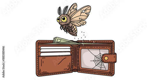 Cartoon illustration of a moth escaping an open wallet, showing cards, bills, money and a spider‑web window on a white background, side view