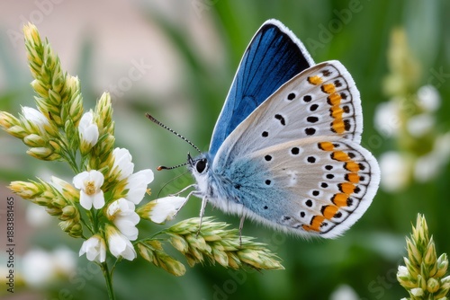 Wallpaper Mural Common Blue butterfly feeding from small white blooms Torontodigital.ca