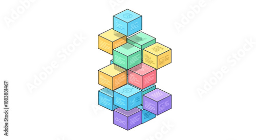 Dynamic 3D view of a staggered stack of colorful cubes with gradient shading, captured from an angled perspective in a clean minimal environment