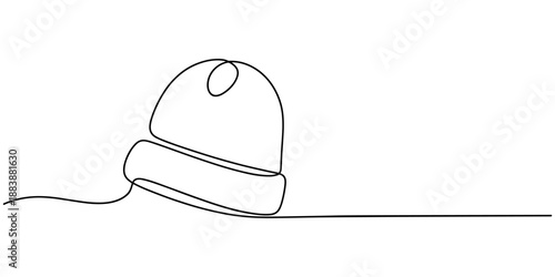 beanie hat continuous one line drawing, Winter, headwear, warm concept. Continuous contour movement of hat. Continuous with one line. Minimal one line drawing of a winter beanie hat.