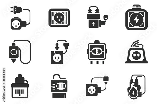 Circuit power strip tech vector icon set, including battery, generator, cable, energy, and switch symbols, modern electrical design, technology illustration