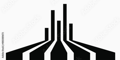 Abstract black and white graphic depicting stylized vertical bars rising from converging lines, creating a futuristic or architectural perspective.