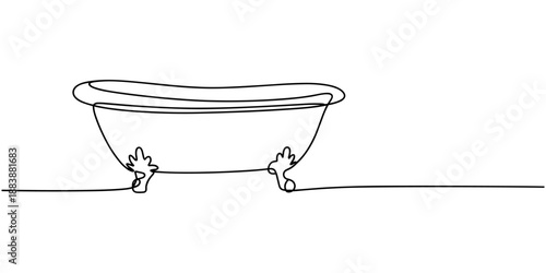 Continuous one line drawing of bathtub illustration. Continuous single line drawing of baby bath icon. Bathtub in one continuous line art drawing style. Vector illustration