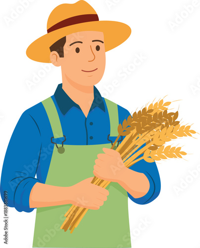 Smiling farmer in straw hat and green overalls holding harvested wheat stalks, illustration representing agriculture and countryside life