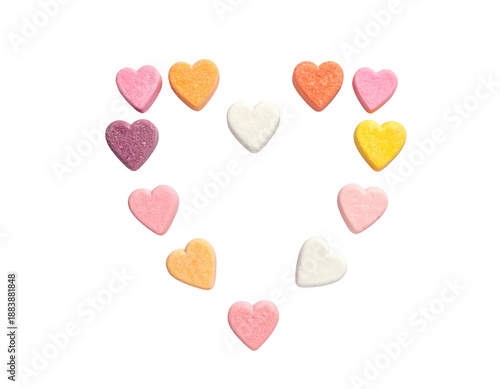 Sugar candy hearts minimal layout, isolated on white background