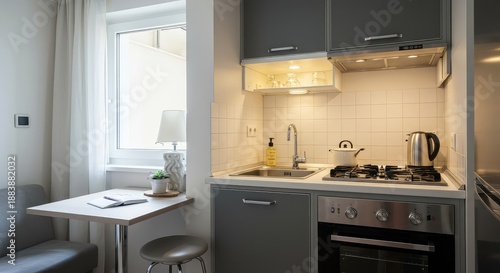 A view of a small modern kitchenette design featuring essential appliances, minimal counter space, and efficient storage solutions for small living areas ,dwelling ,living ,cabinet