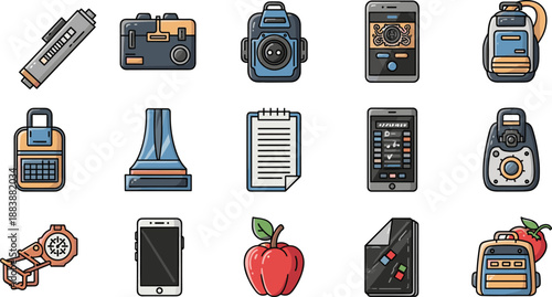 Education and office supplies icons set featuring technology, stationery, gadgets, learning tools, school equipment and productivity essentials