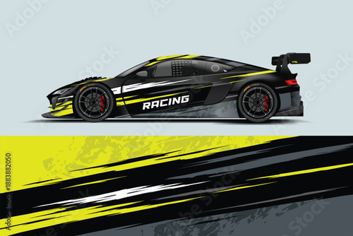 Abstract sport car wrap design with bold yellow and black color scheme, sharp dynamic racing lines, modern aggressive style, high contrast, futuristic look, ideal for motorsport and automotive brandin
