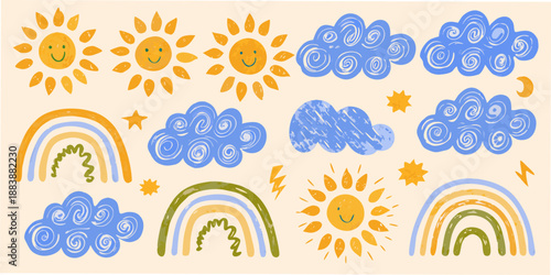 cute cartoon elements of suns clouds rainbows and stars in a playful arrangement