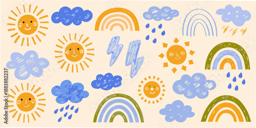 cute hand drawn illustrations of suns rainbows clouds and flowers on a cream background