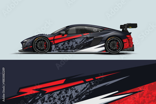 Abstract sport car wrap design with dynamic red and black color scheme, sharp racing lines, modern aggressive style, high contrast, futuristic look, perfect for motorsport and automotive branding.