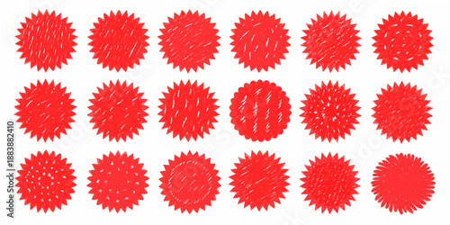 a collection of red spiky circular shapes arranged in a grid pattern