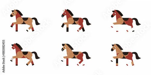 a row of stylized wooden toy horses in various poses simplistic design