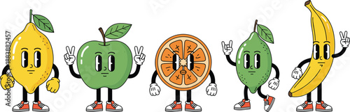Set of retro cartoon fruit characters including lemon apple orange pear and banana mascots, cute vector illustrations for kids branding stickers and playful food designs